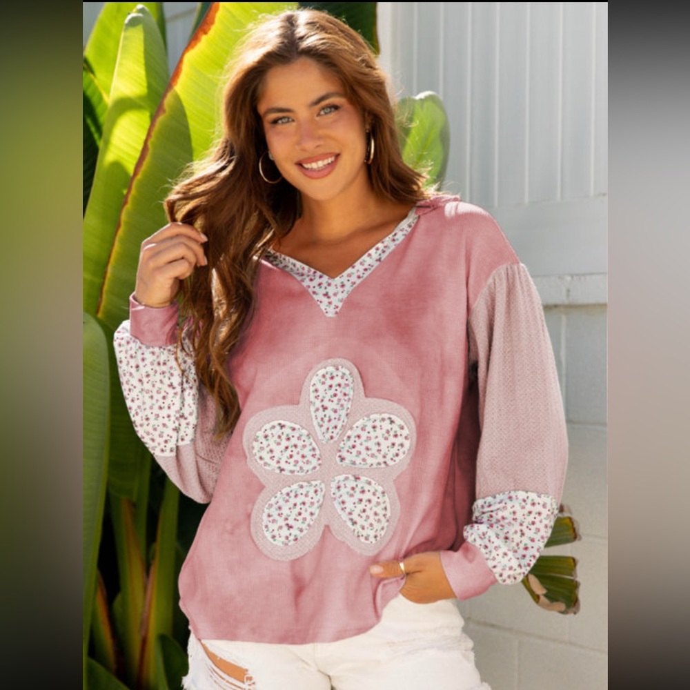 1111. Floral Applique waffle knit tie dye hoodie in pink